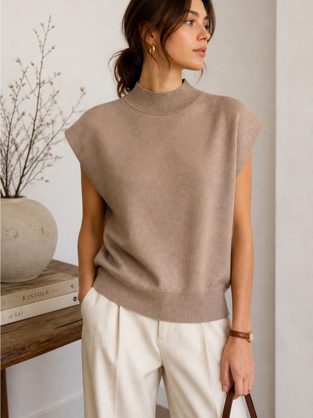 NWT Taupe Knit Sweater Vest Mock Neck Minimalist Capsule Modern Neutral Small